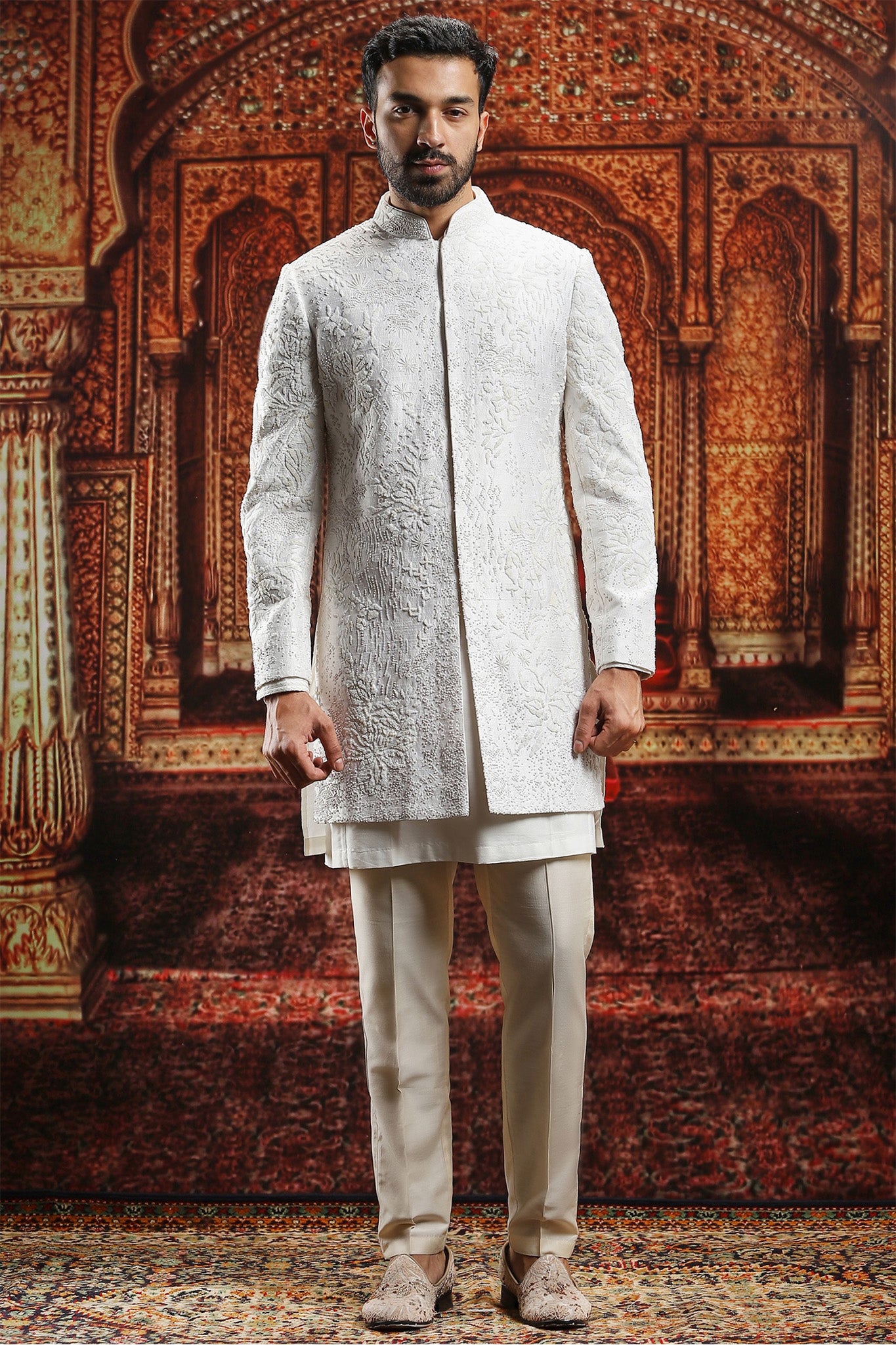 Ivory Silk Sherwani with french knots Embroidery