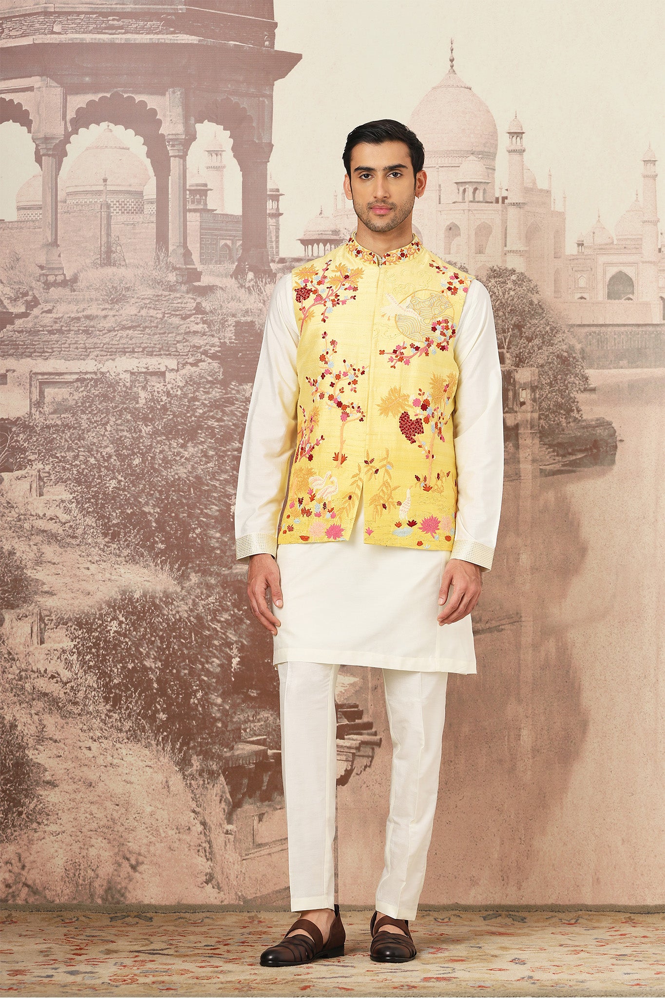 Golden Canary Raw Silk Embroidered Kurta Bundi Set