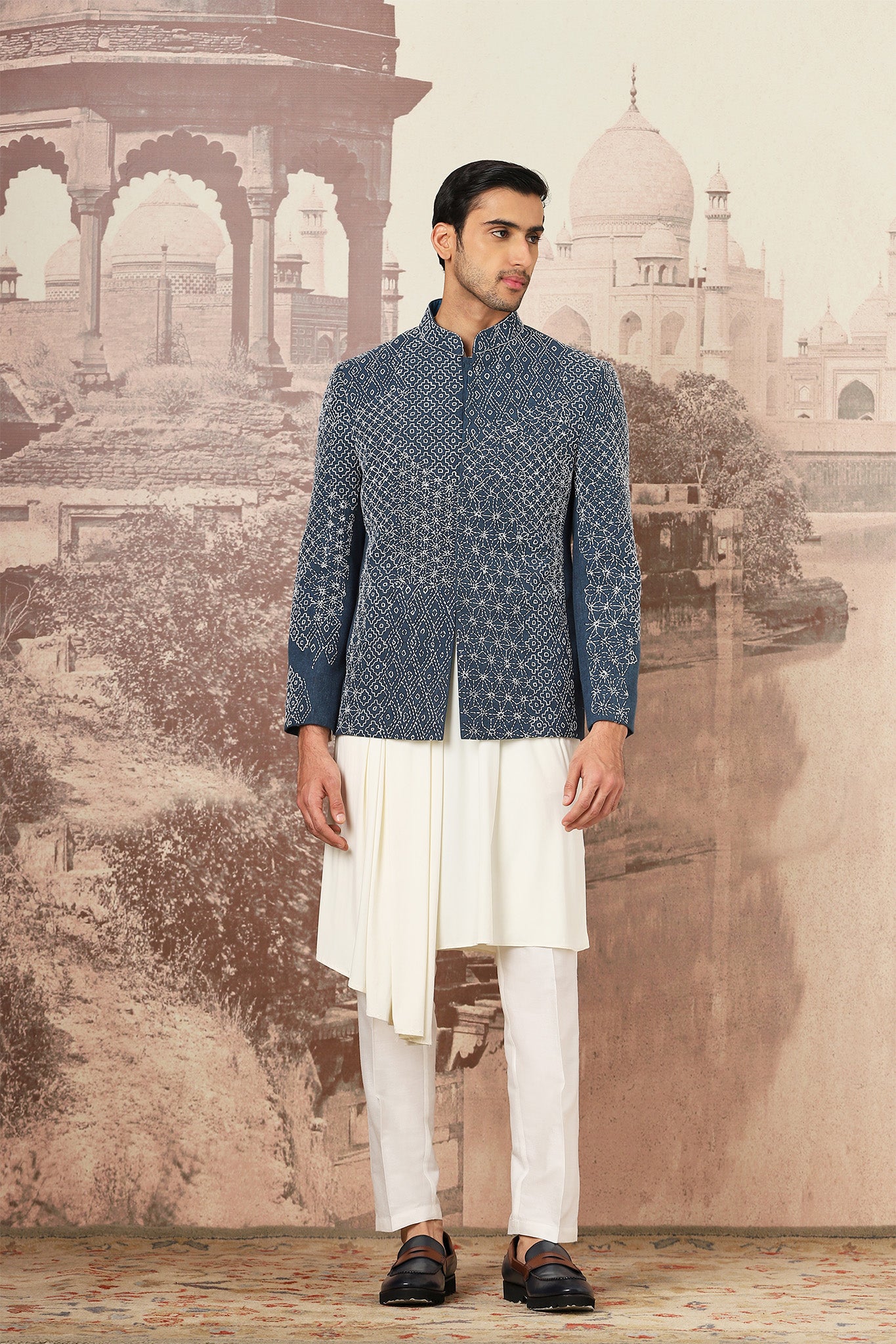 Indigo Kantha Embroidered Bandhgala Set