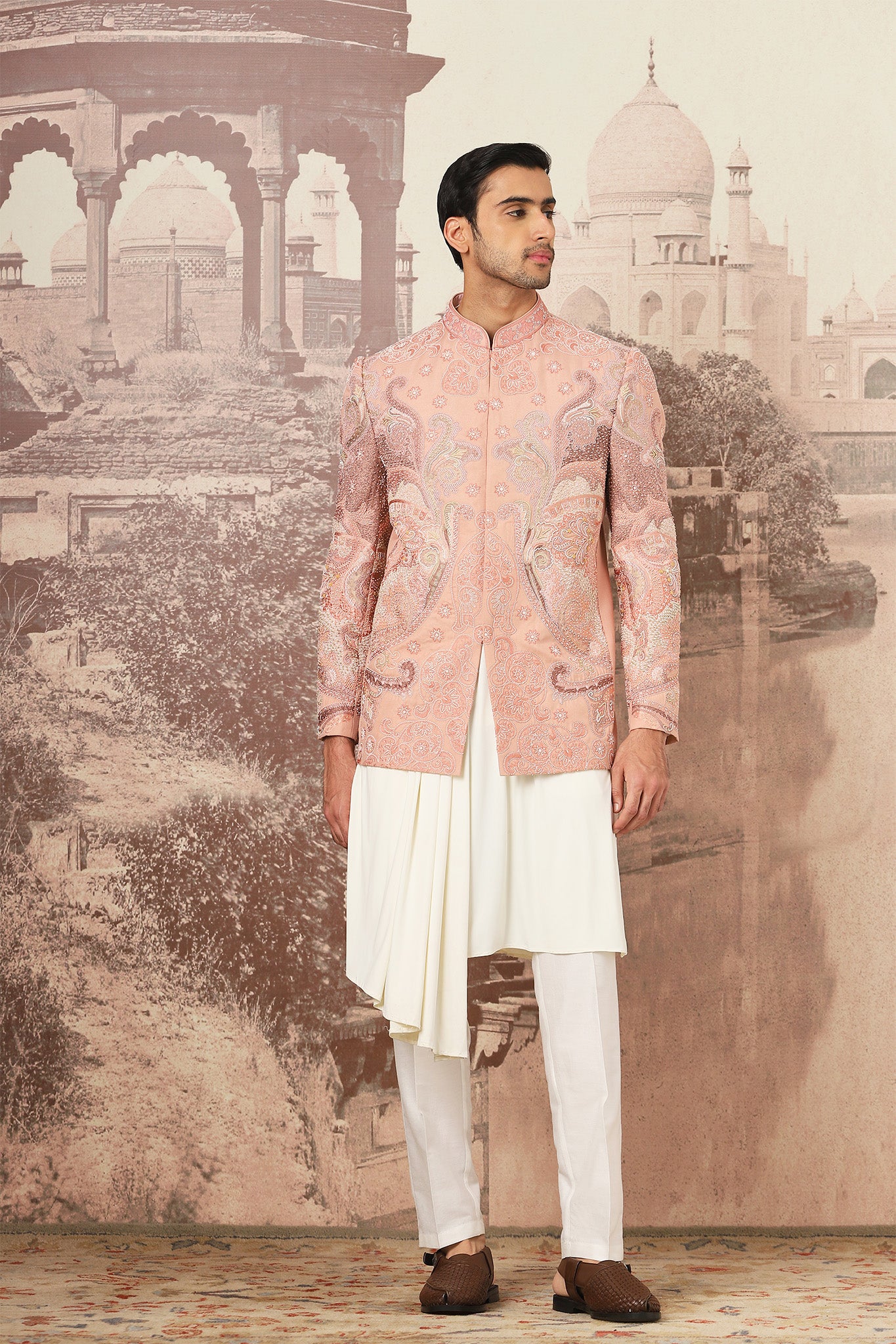 Peach Desert Linen Embroidered Bandhgala Set