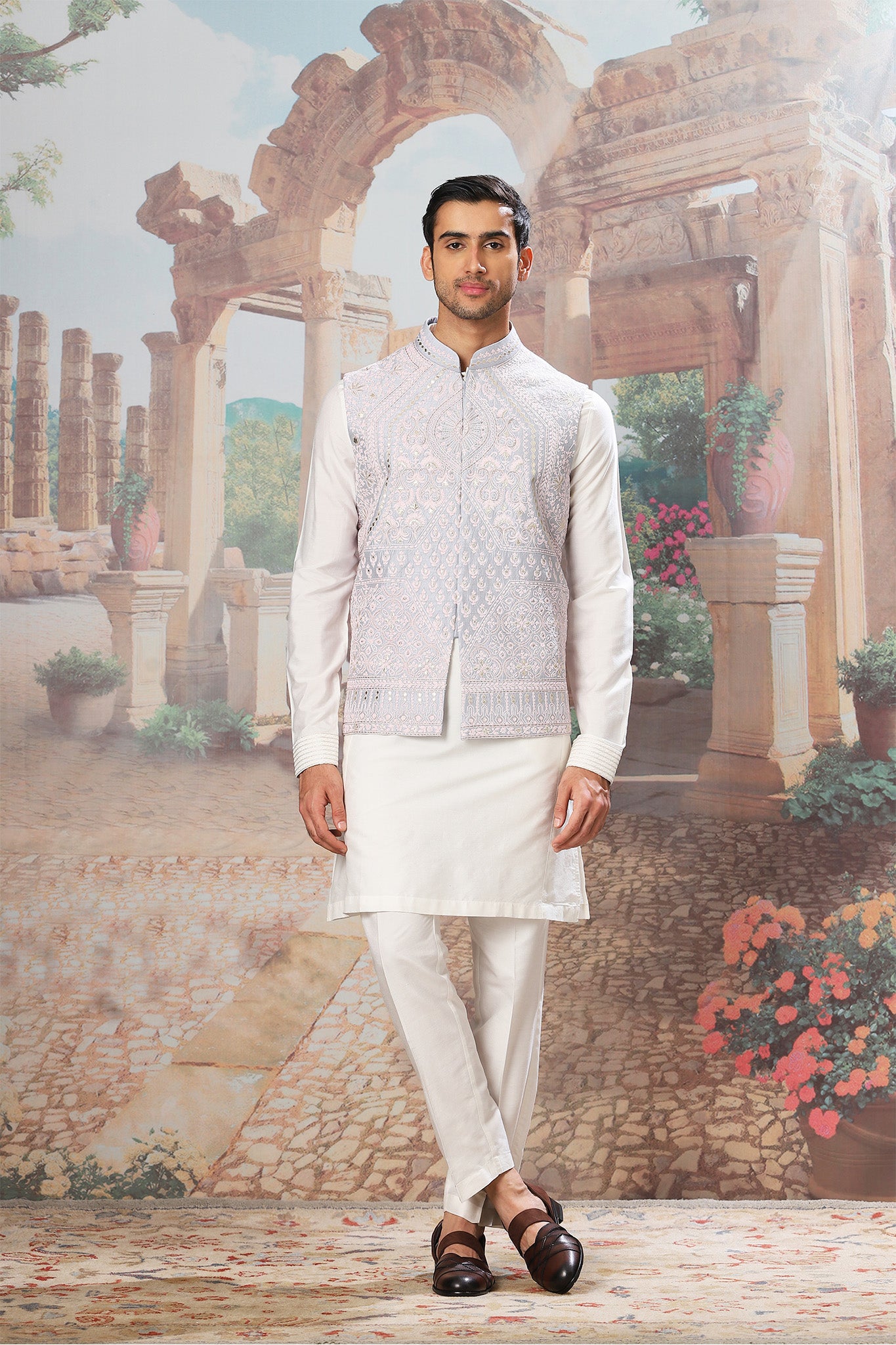 Slate Sky Dori Embroidered Kurta Bundi Set