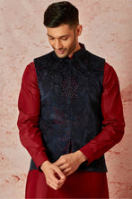 Load image into Gallery viewer, Maroon Velvet Embroidered Bundi with Chanderi Silk Kurta Set
