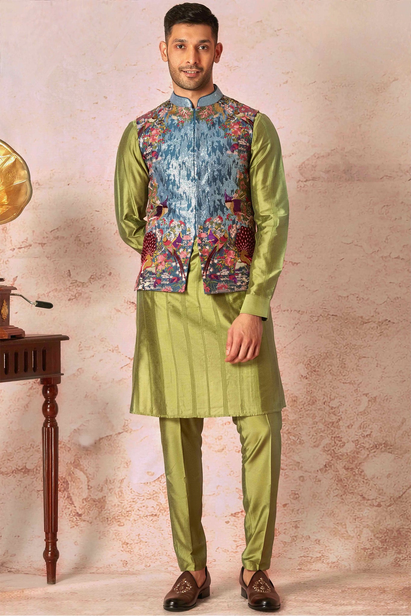 Turquoise Sequin-Adorned Bundi Set with Olive Green Cotton silk pintuck Kurta