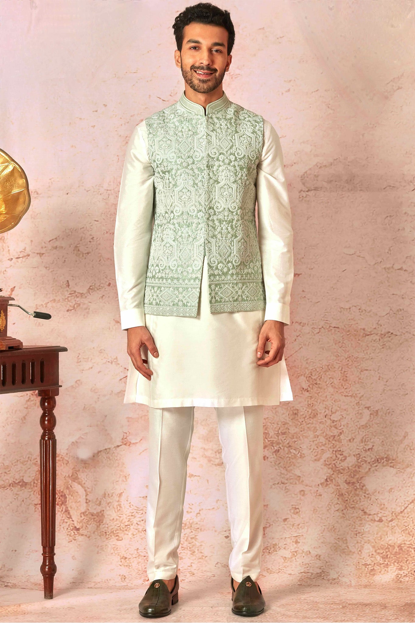Heritage Mint Green Bundi Set with Cream Cotton silk Kurta