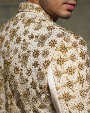 Load image into Gallery viewer, Apricot Ivory Silk embriodered zari Sherwani Set
