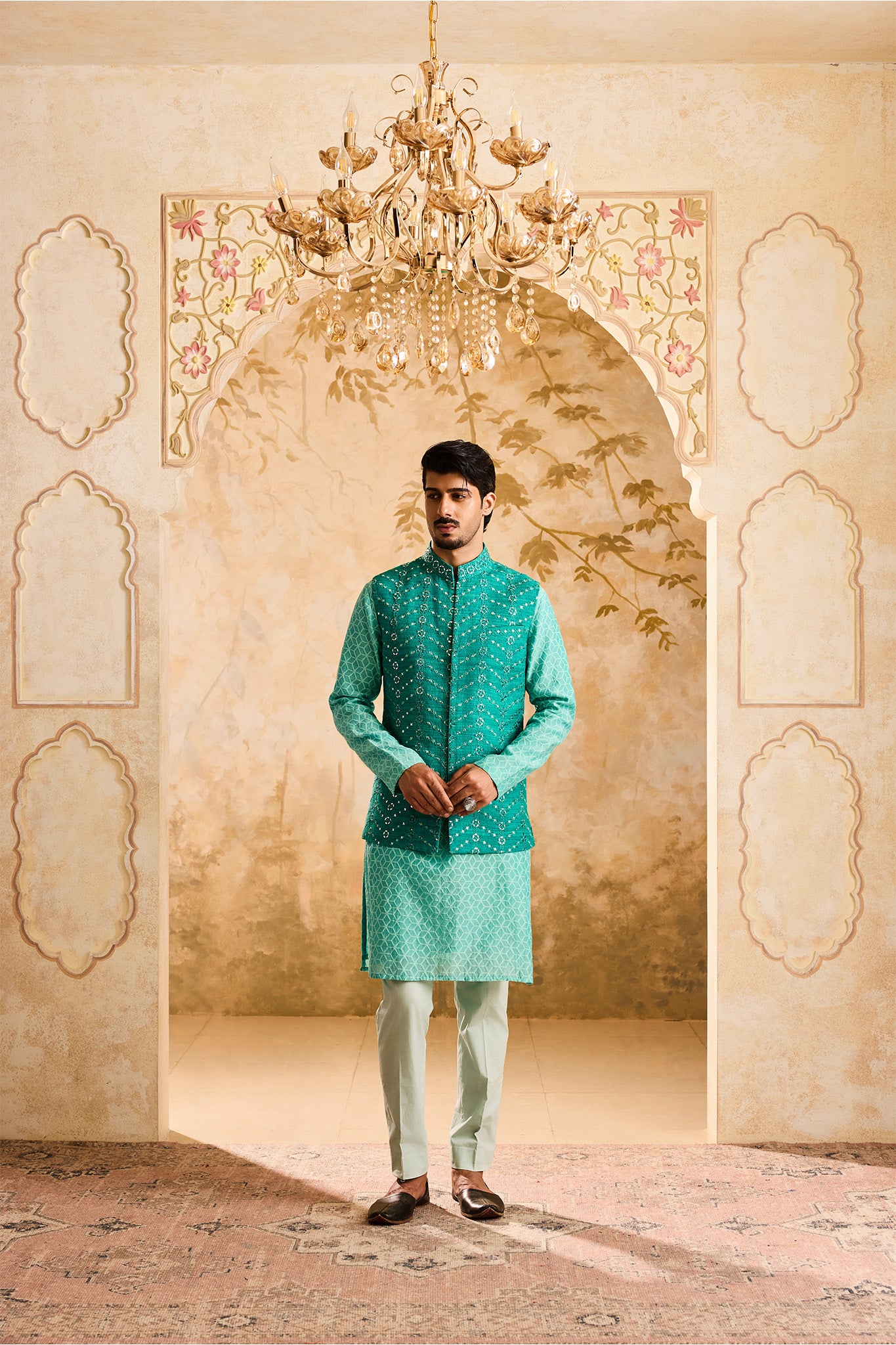 EMBROIDERED TEAL MIRRORWORK BUNDI WITH KURTA TROUSER