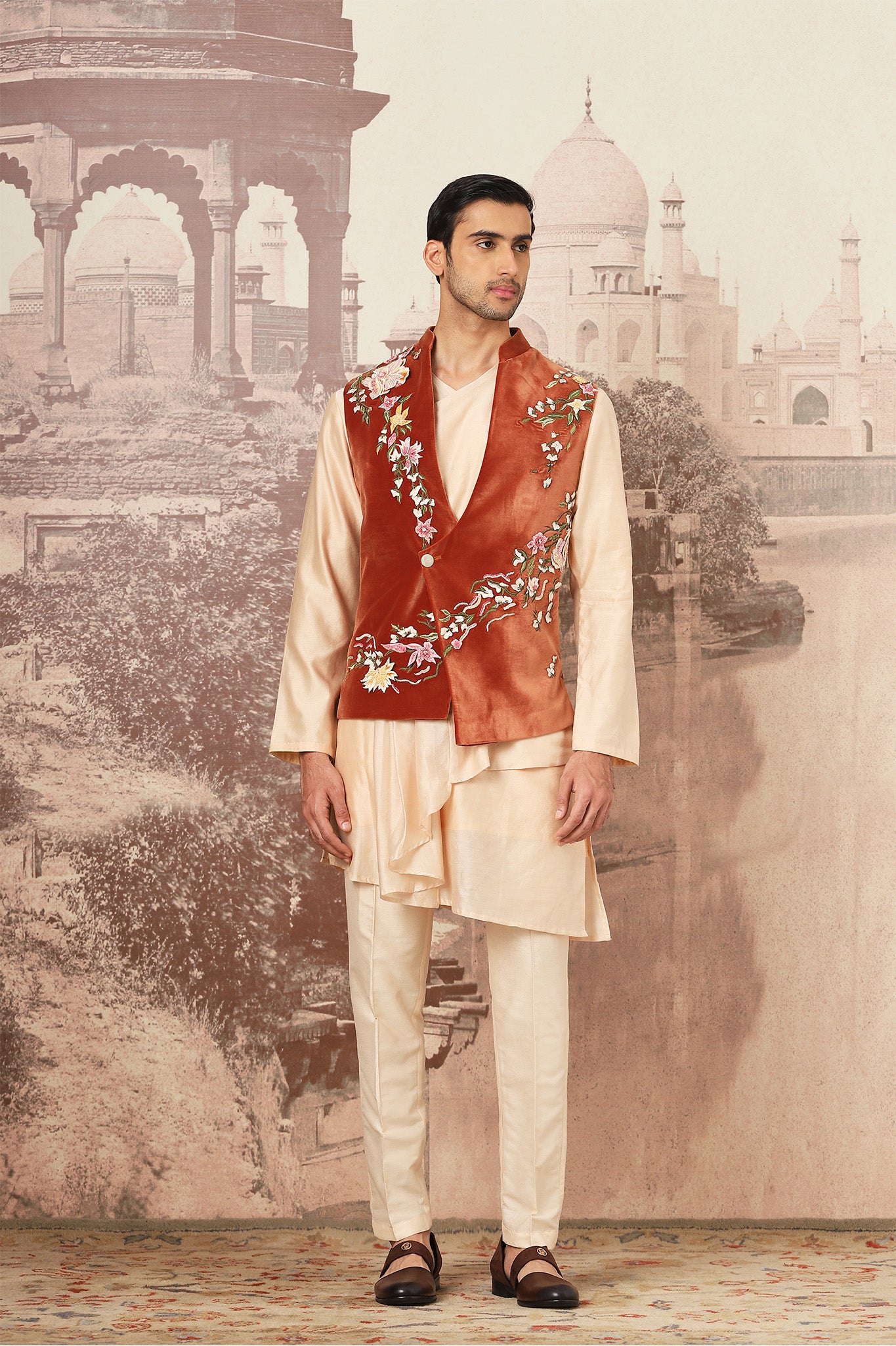 Sienna Rust Velvet Embroidered Kurta Bundi Set