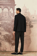 Load image into Gallery viewer, Midnight Black Asymmetrical Hand Embroidered Bandhgala Set
