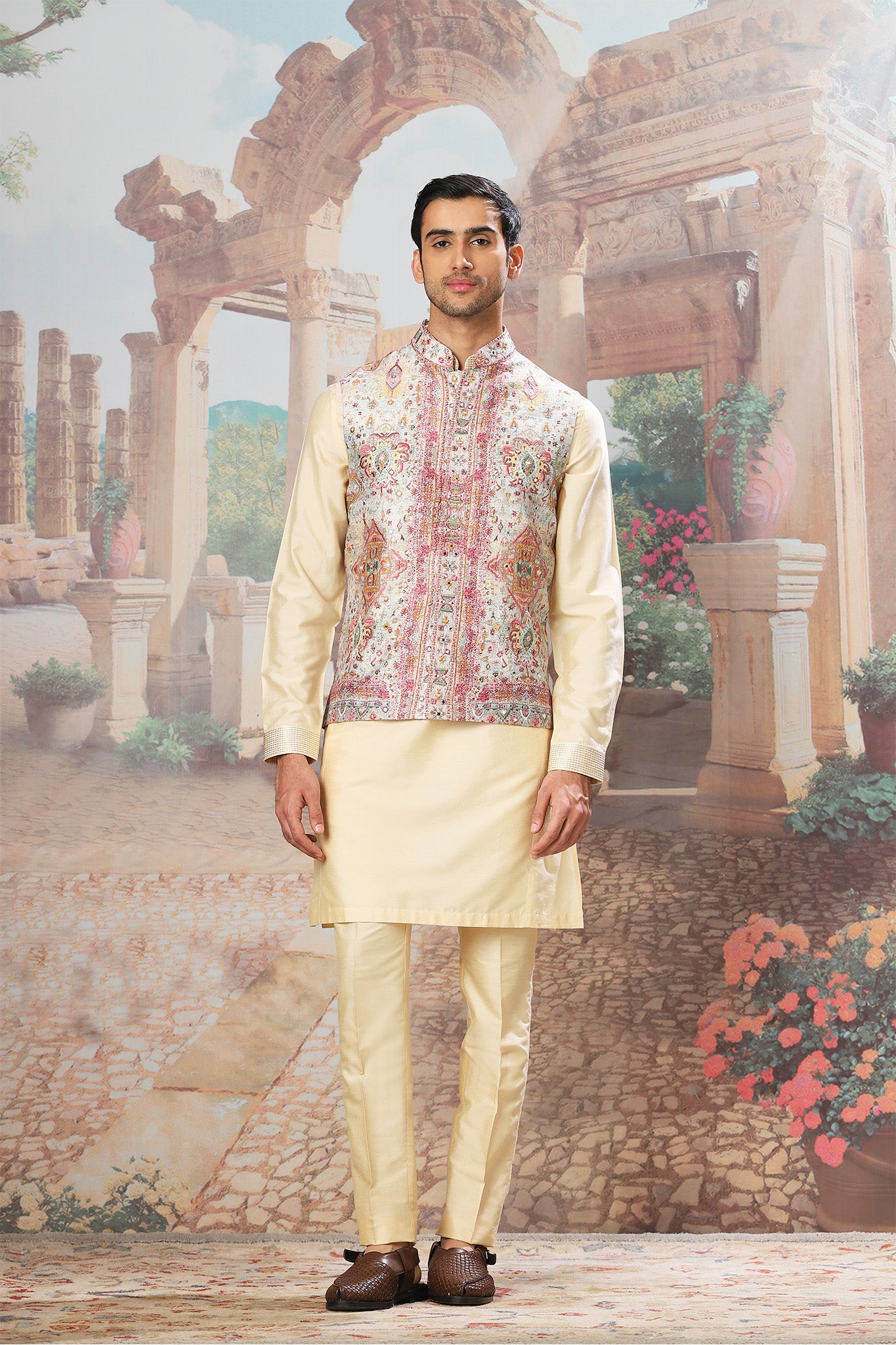 Mughal Minaret Digital Print Mirror Embroidered Kurta Bundi Set