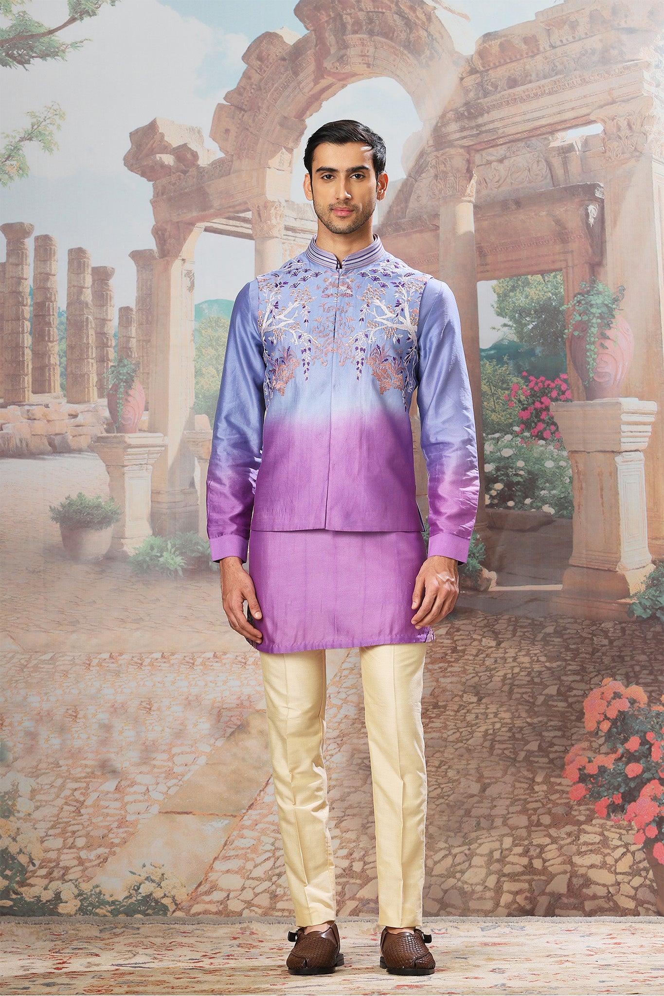 Violet Dusk Ombre Embroidered Kurta Bundi Set