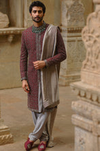 Load image into Gallery viewer, Burgundy Raw Silk Sherwani Set
