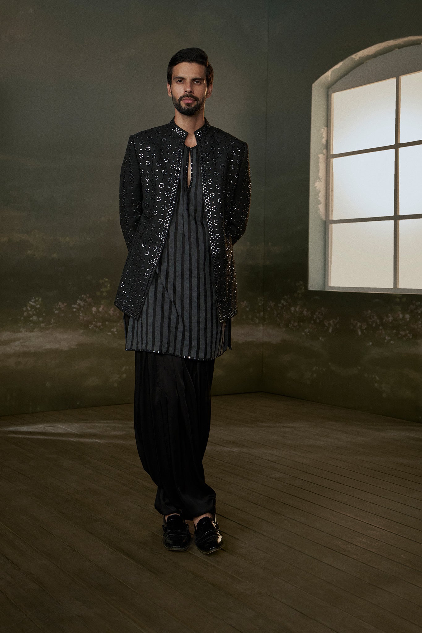 BLACK RAW SILK FULL SLEEVED JACKET WITH KURTA AND SALWAR