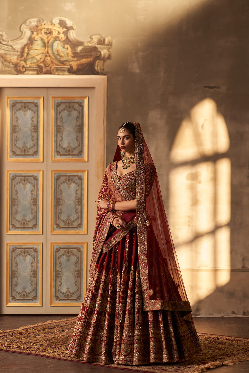 Maroon Raw Silk Double Dupatta Lehenga Set