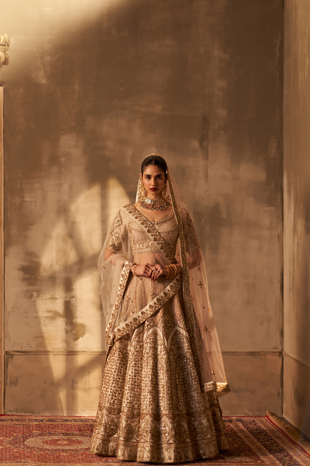 Ivory Raw Silk Double Dupatta Lehenga Set
