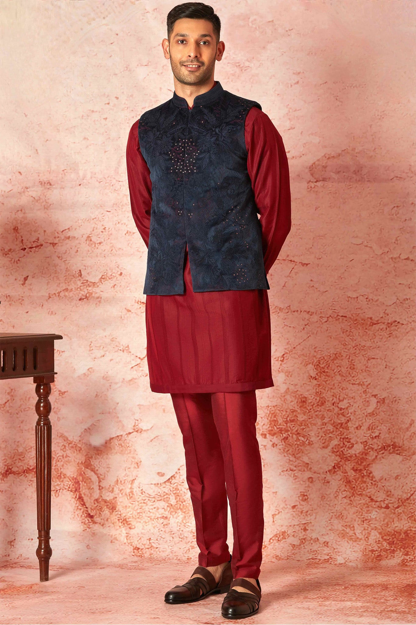 Maroon Velvet Embroidered Bundi with Chanderi Silk Kurta Set