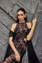 Load image into Gallery viewer, Black Net Embroidery Halter Neck Hand Gown And Dupatta Set
