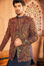 Load image into Gallery viewer, Navy Bandhgala with Multi Colored Embroidery
