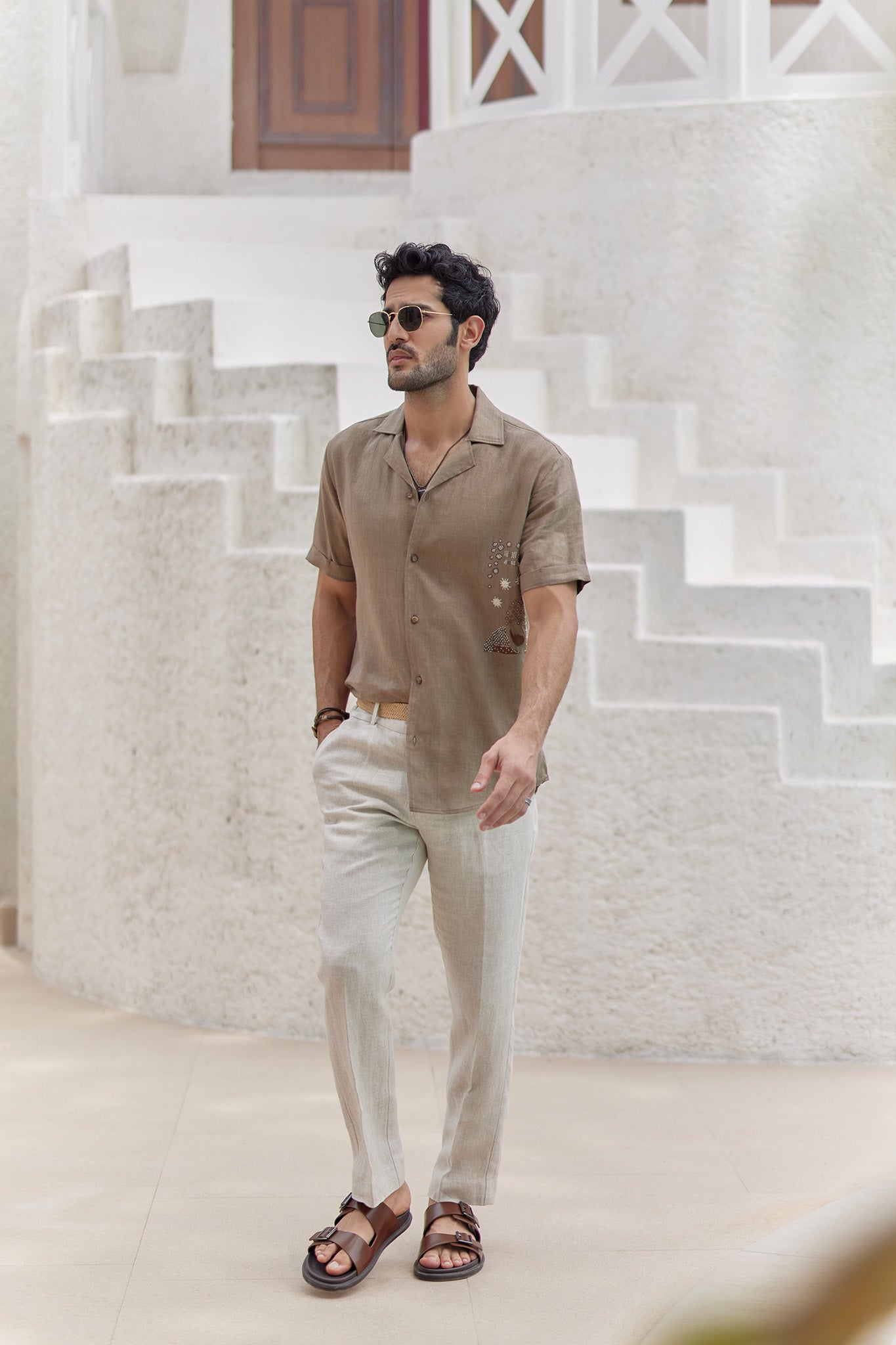 Sand Hued Cuban Embroidered Shirt