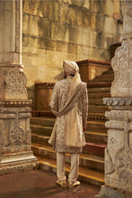 Load image into Gallery viewer, Cream Taffeta Sherwani Applique And Zardozi Jaal Set
