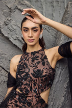Load image into Gallery viewer, Black Net Embroidery Halter Neck Hand Gown And Dupatta Set
