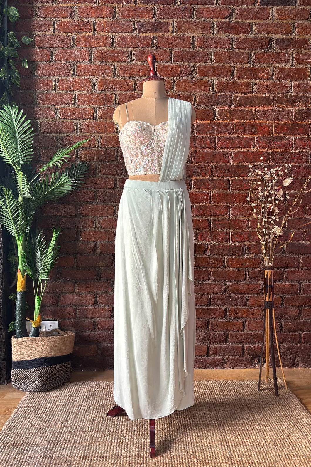 Ivory sequin work corset and Mint Green draped saree
