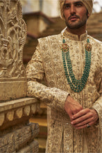 Load image into Gallery viewer, Cream Taffeta Sherwani Applique And Zardozi Jaal Set
