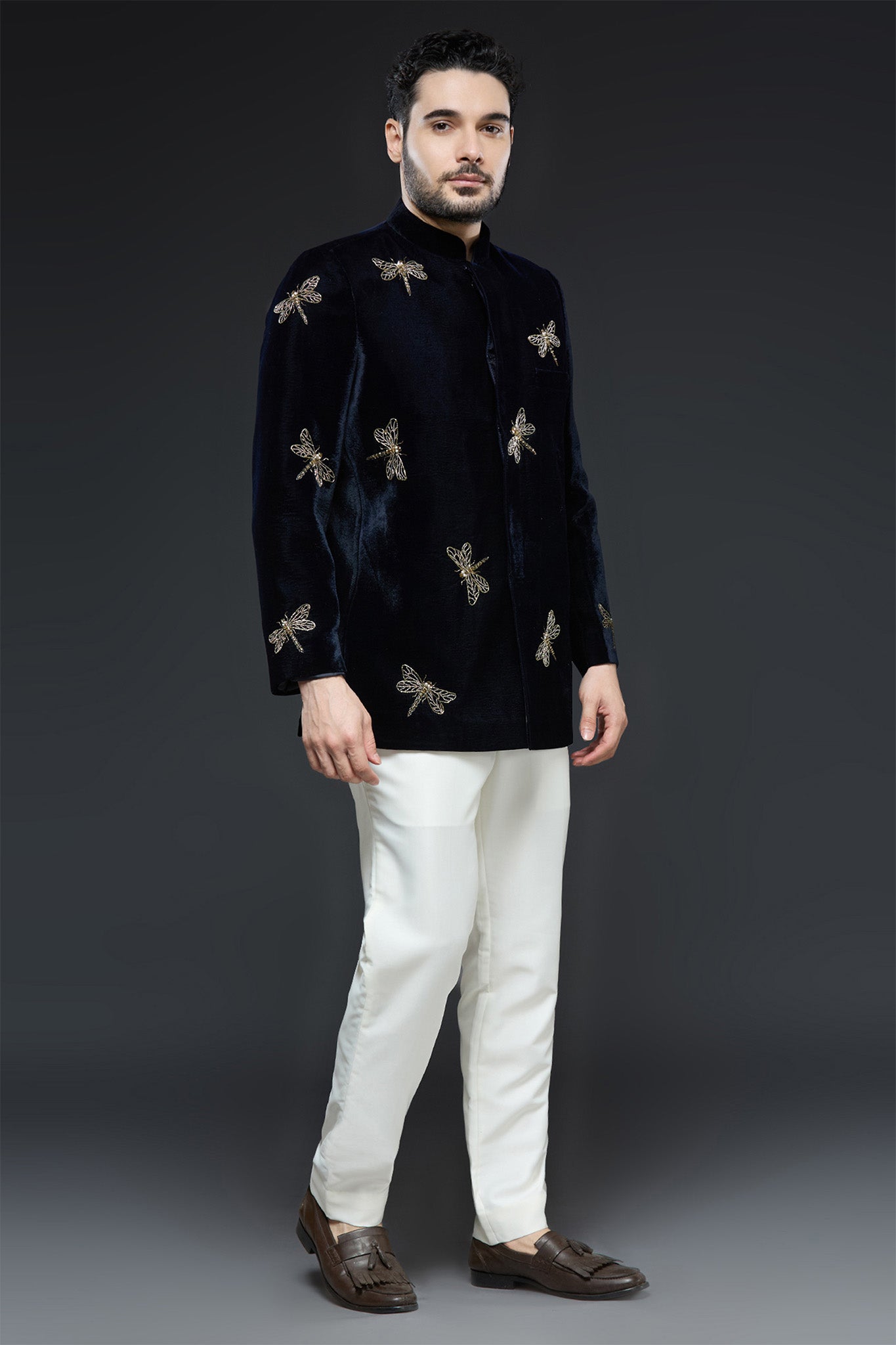 Navy Blue Velvet Dragonfly Bandhgala Set