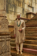 Load image into Gallery viewer, Cream Taffeta Sherwani Applique And Zardozi Jaal Set
