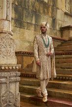 Load image into Gallery viewer, Cream Taffeta Sherwani Applique And Zardozi Jaal Set
