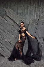 Load image into Gallery viewer, Black Net Embroidery Halter Neck Hand Gown And Dupatta Set
