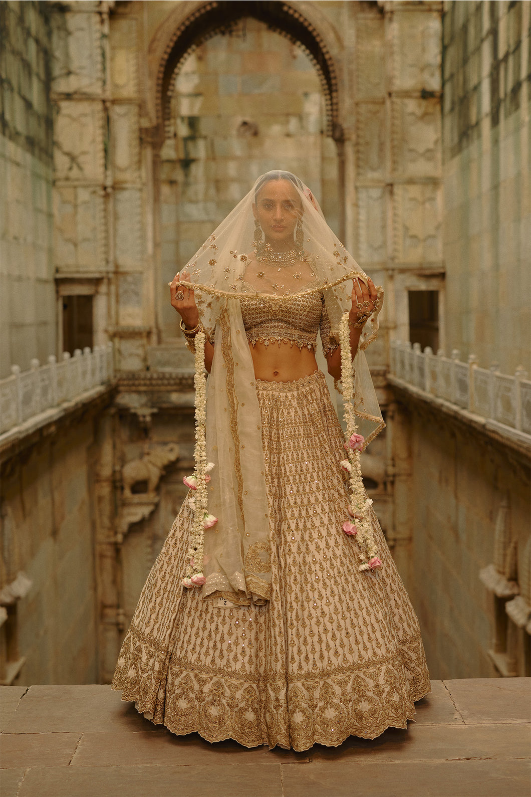 Cream Monga Lehenga Set