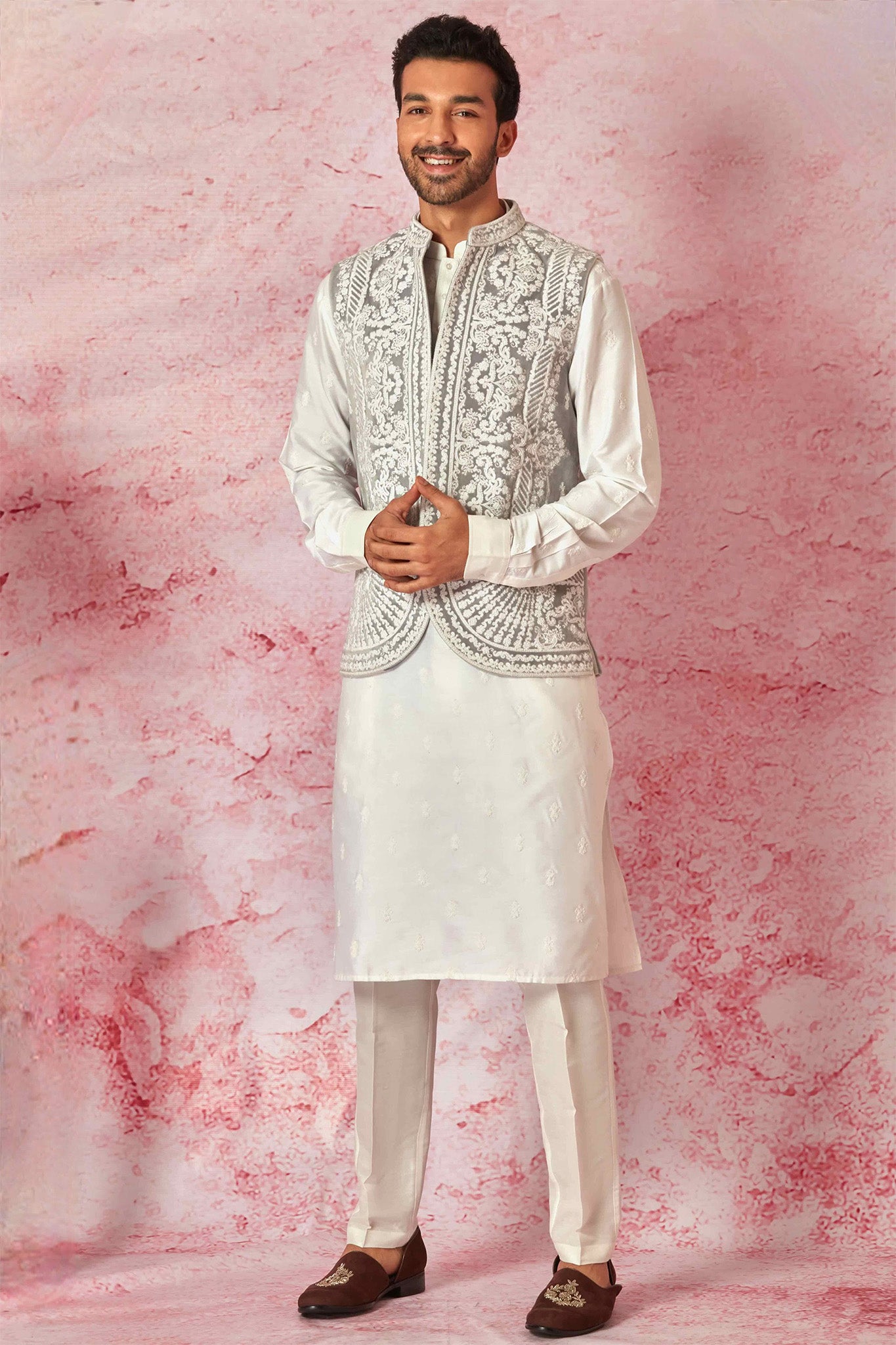 Grey Velvet Dori Embroidered Bundi with Light Grey Silk Kurta Set