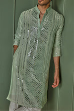Load image into Gallery viewer, Green Mirage Green Chanderi Kurta with Panel Mirror Work and Resham Affixed
