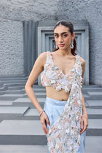 Load image into Gallery viewer, Sky Blue Satin Embroidery V-neck Hand Pre-draped Saree Set
