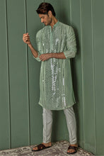 Load image into Gallery viewer, Green Mirage Green Chanderi Kurta with Panel Mirror Work and Resham Affixed
