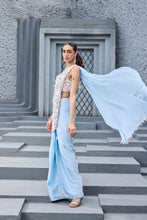 Load image into Gallery viewer, Sky Blue Satin Embroidery V-neck Hand Pre-draped Saree Set
