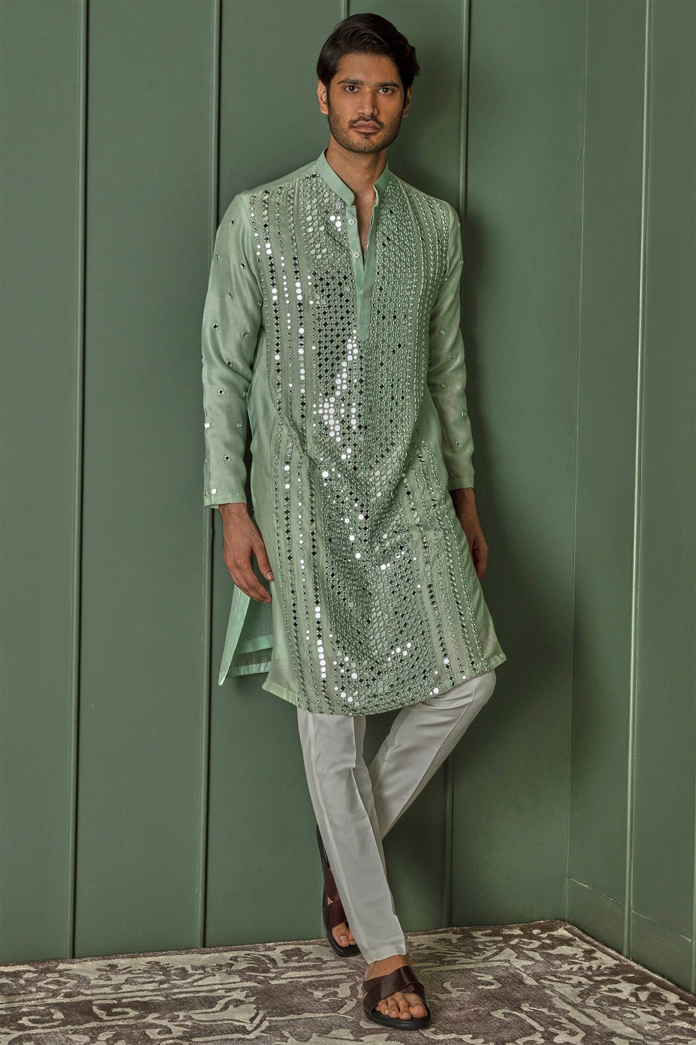Green Mirage Green Chanderi Kurta with Panel Mirror Work and Resham Affixed