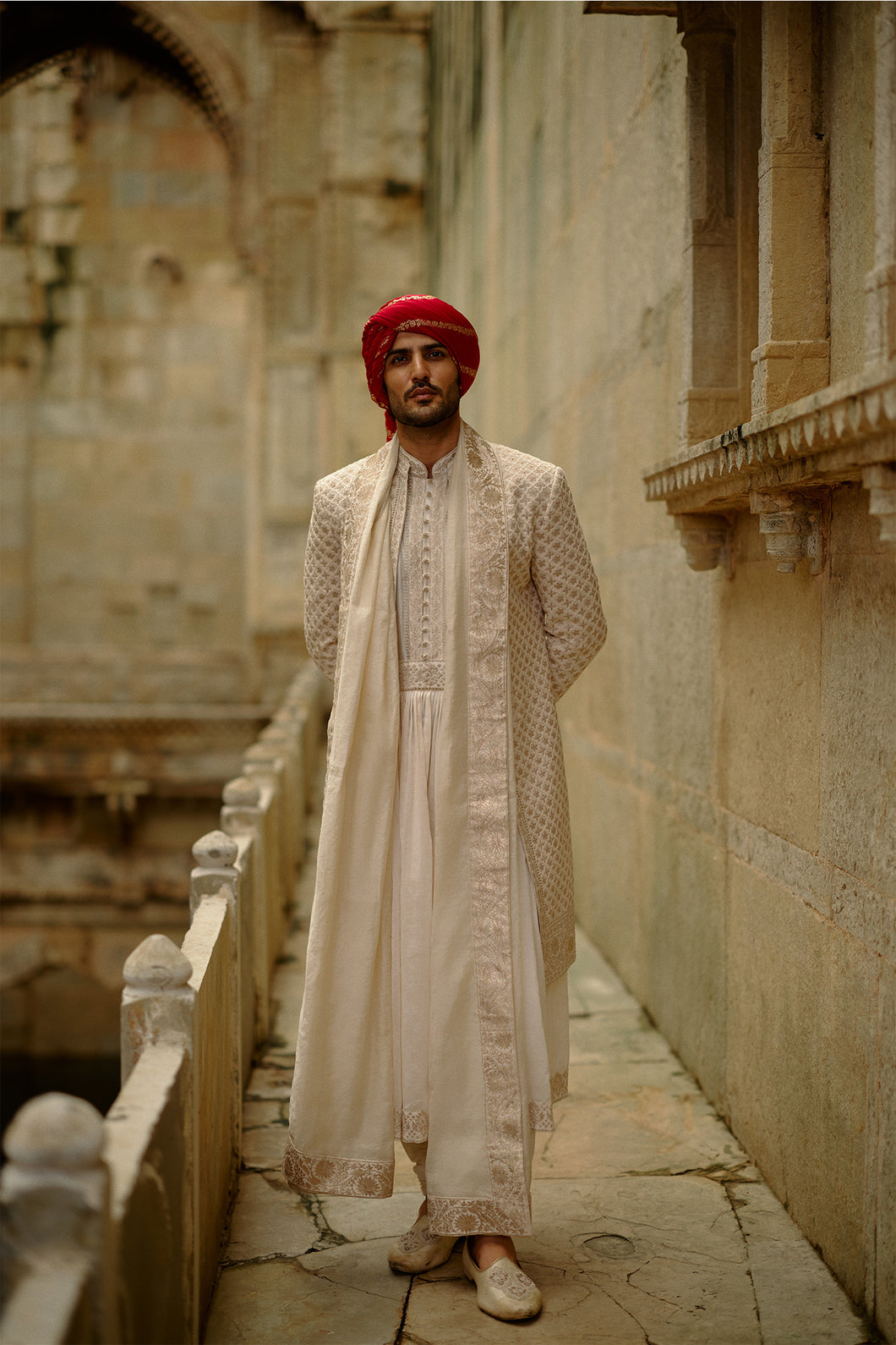 Cream Sherwani Jacket With Choga And Churidar Set