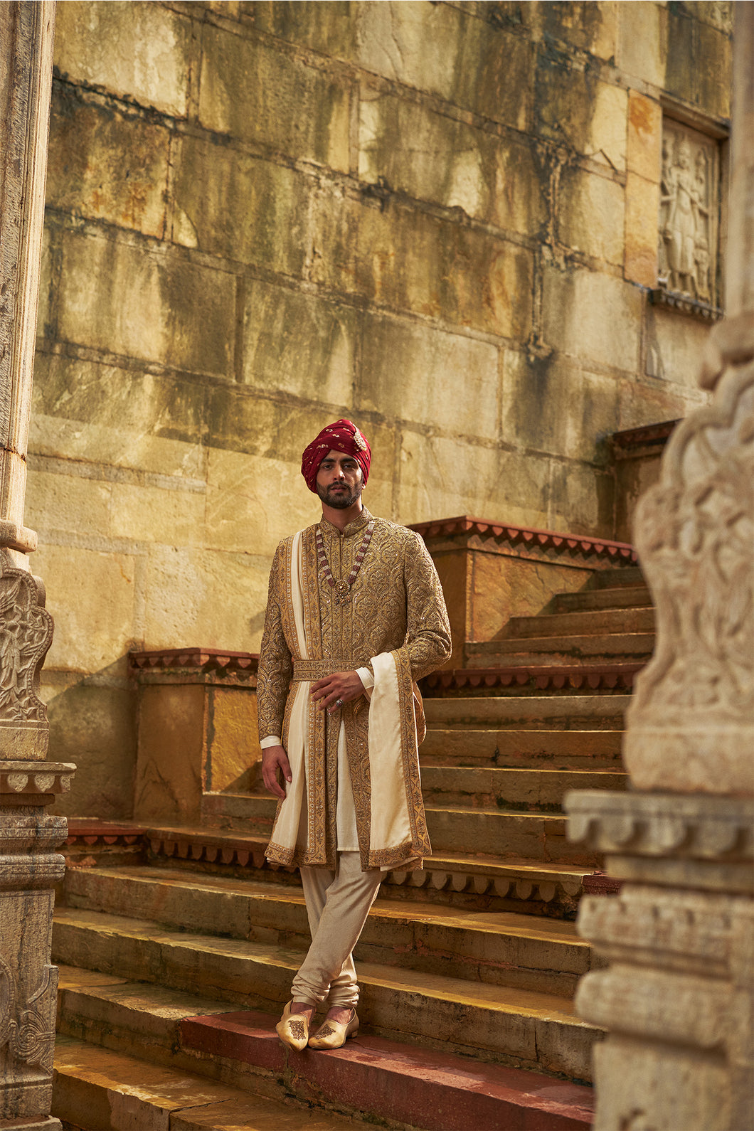 Gold Dupion Silk Sherwani Set