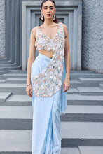 Load image into Gallery viewer, Sky Blue Satin Embroidery V-neck Hand Pre-draped Saree Set
