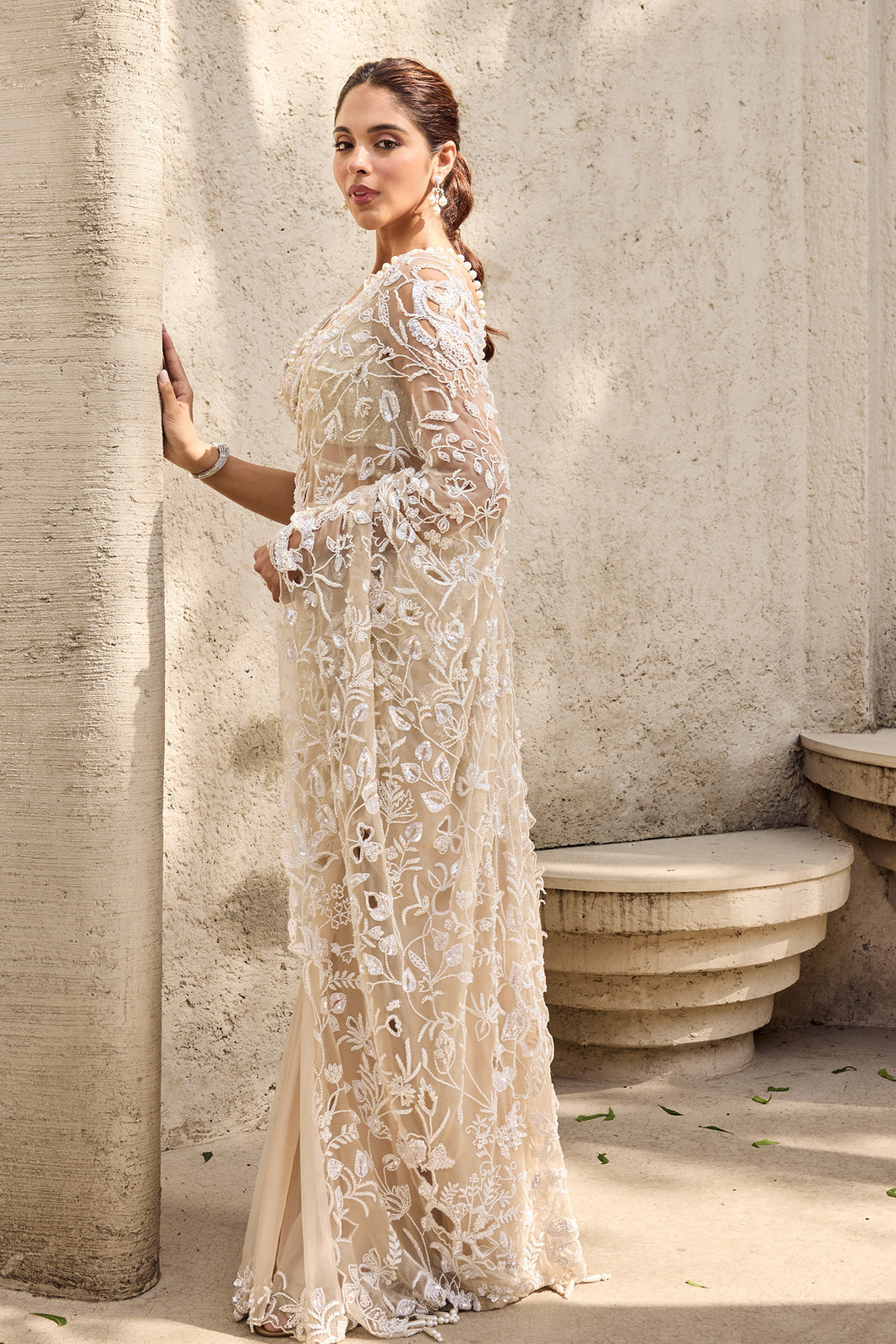 Ivory Organza, Georgette Pearls, Embroidery Scoop Hand Pre-draped Saree Set
