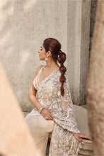 Load image into Gallery viewer, Ivory Organza, Georgette Pearls, Embroidery Scoop Hand Pre-draped Saree Set
