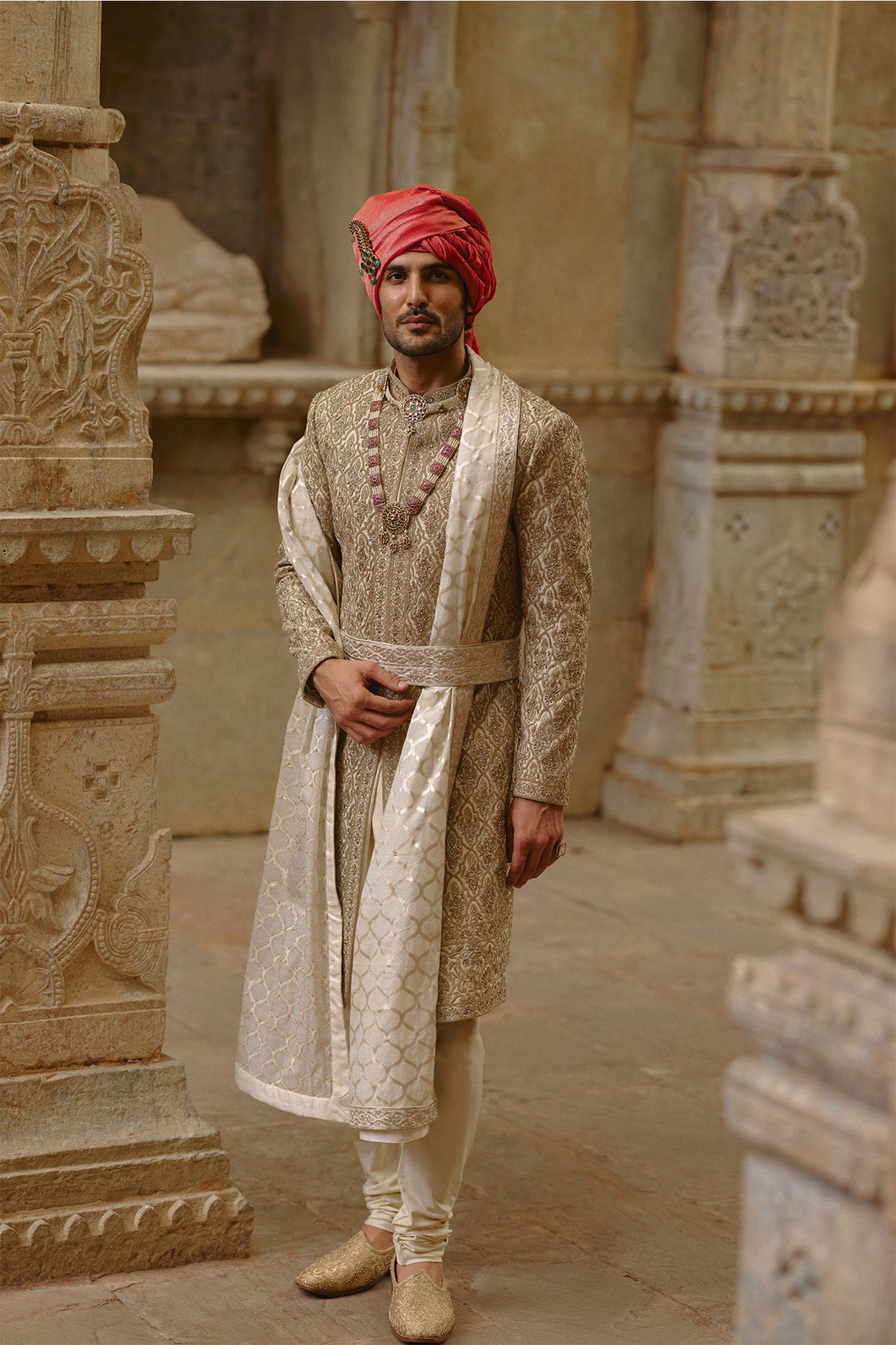 Gold Twill Woven Sherwani Gold Embroidery