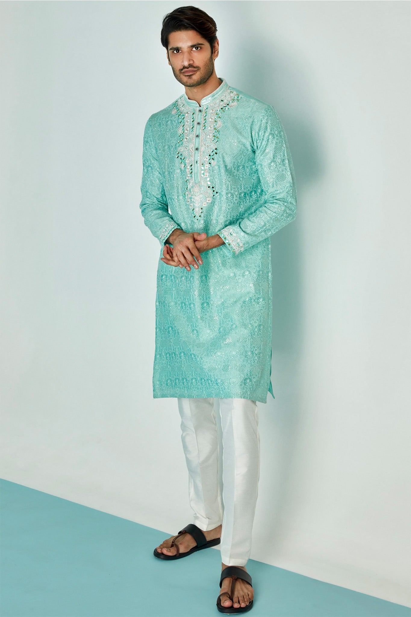 Sky Blue Symphony Chanderi Silk Kurta with Resham Embroidery, Sequins, Mirror, Dori, and Lurex