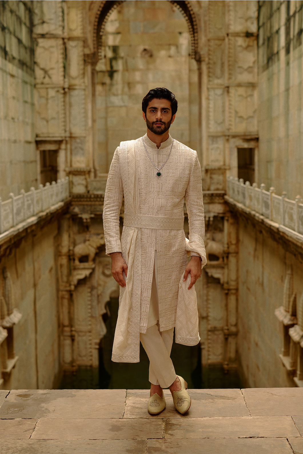 Beige Geometric Embroidered Raw Silk Sherwani Set