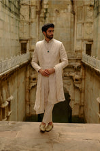 Load image into Gallery viewer, Beige Geometric Embroidered Raw Silk Sherwani Set
