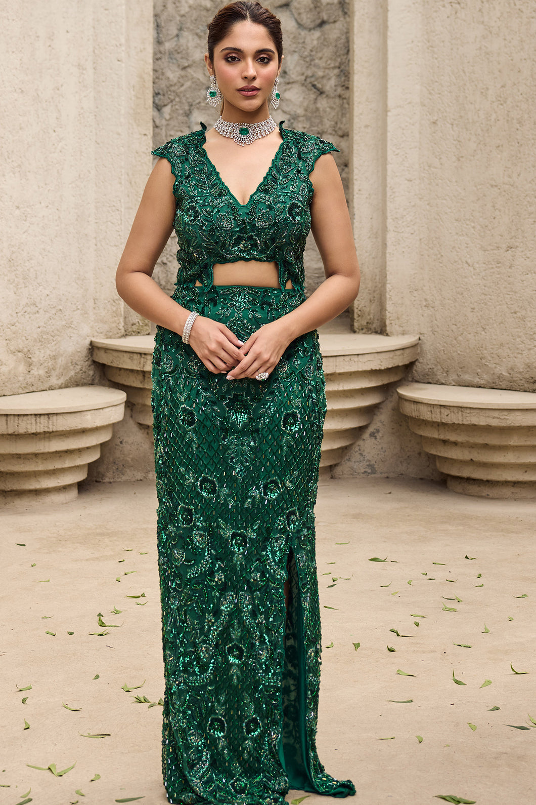 Deep shimmering green cut work gown