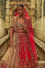 Load image into Gallery viewer, Red Raw Silk Lehenga And Gold Choli Set
