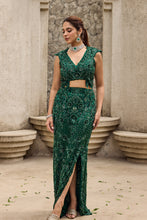 Load image into Gallery viewer, Deep shimmering green cut work gown
