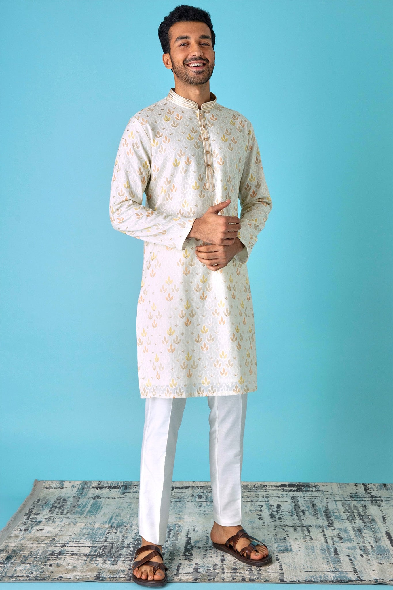 Leafy Affai Ivory Kurta with Leaf Motifs in Yellow, Peach, and White